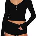 Womens 2 Piece Y2K Pajamas Set Long Sleeve Cropped Top Button Down V Neck Slim Fitted Shorts PJs Outfits Lounge Sets (X-Small, Black)
