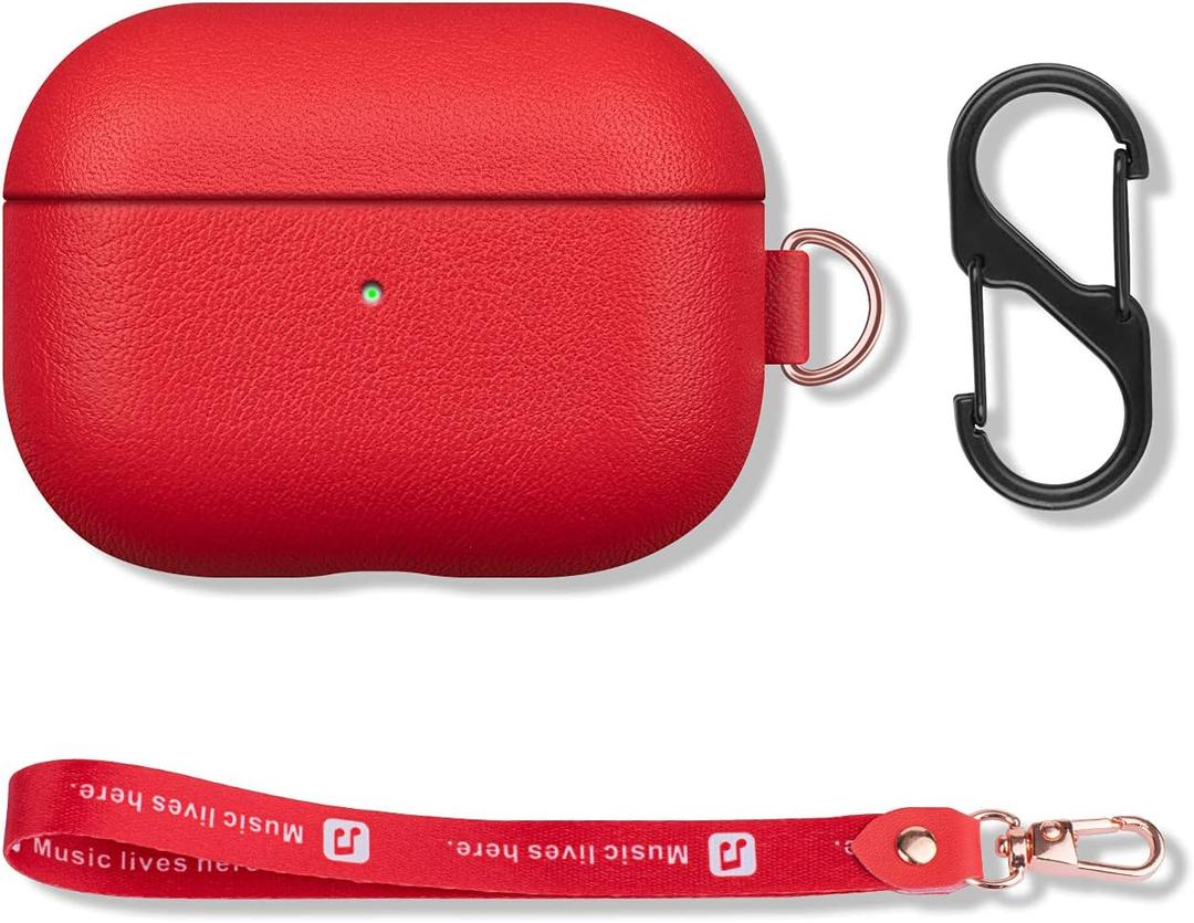 Portable AirPods Pro Case with Keychain Strap and Carry Clip, Full Grain Leather AirPods Pro Case Cover with Protective Microfiber Lining Design - Red