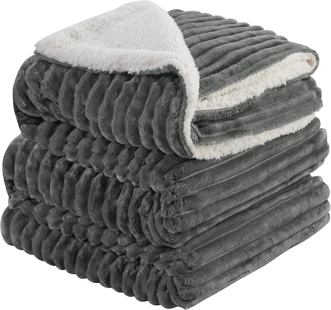 INFIIXSO Sherpa Fleece Queen Size Blanket - Super Soft & Warm Striped Fleece Blanket, Cozy Plush Fluffy Large Bed Blanket All Season Use (Grey, 90x90 Inches) (Queen(90"x90"))
