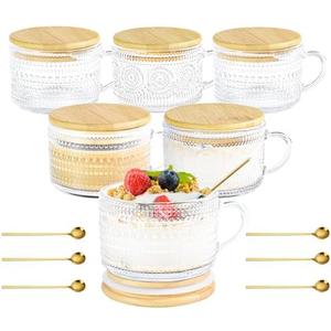 Icesip 14oz Vintage Coffee Mugs Glass of 6 Overnight Oats Glass Containers with Bamboo Lids Spoons Handle for Iced Coffee Latte Cereal Yogurt(6 Mixed Pattern with Sealing Ring Lid)