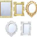 5 Pieces Miniature Dollhouse Mirror European Frame Mirror Dollhouse Victorian Baroque Wall Decor Miniature Bedroom Mini Furniture Accessory for 1/12 Dollhouse Decor, Gold and Silver