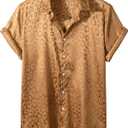 Verdusa Men's Satin Button Down Lapel Collar Leopard Print Short Sleeve Shirt (Medium, Brown)
