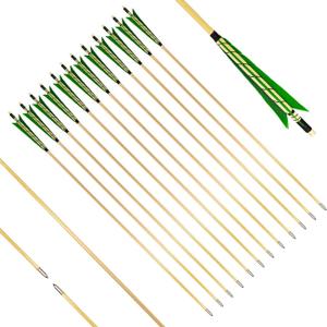 32" Archery Wooden Target Practice Arrows with 5.9" Medieval Turkey Feather Fletching for Recurve &English & Traditional Longbow Hunting (Pack of 12), Green 