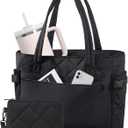 Puffer Tote Bag for Women, Work Bag with Cup Holder, Teacher Bag with Compartments, Quilted Tote Bag with Zipper for Travel (Small, Black)