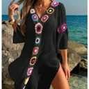 SweatyRocks Women's Floral Crochet Coverups Dress 3/4 Sleeve V Neck Sheer Beach Cover Up Dress Black X-Large