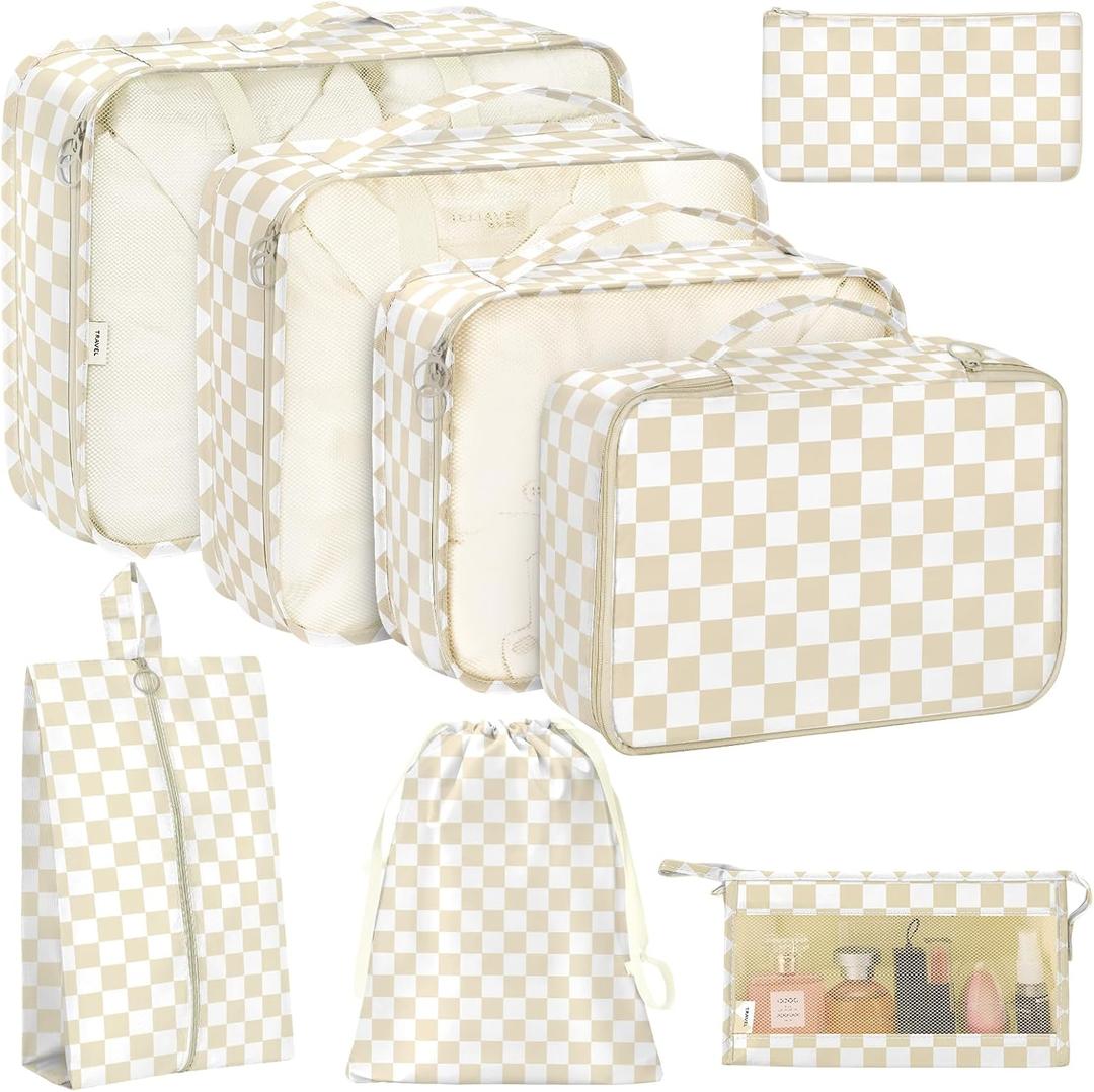 8 Set Packing Cubes for Travel, Luggage Packing Organizers Accessories Large Toiletries Bag for Clothes Shoes Cosmetics (Khaki Checkered)