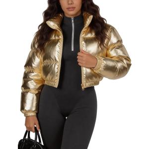 COZYPOIN Women's Metallic Shiny Cropped Puffer Jacket Long Sleeve y2k Zip Up Padded Down Short Coat Outerwear (Medium, Gold)