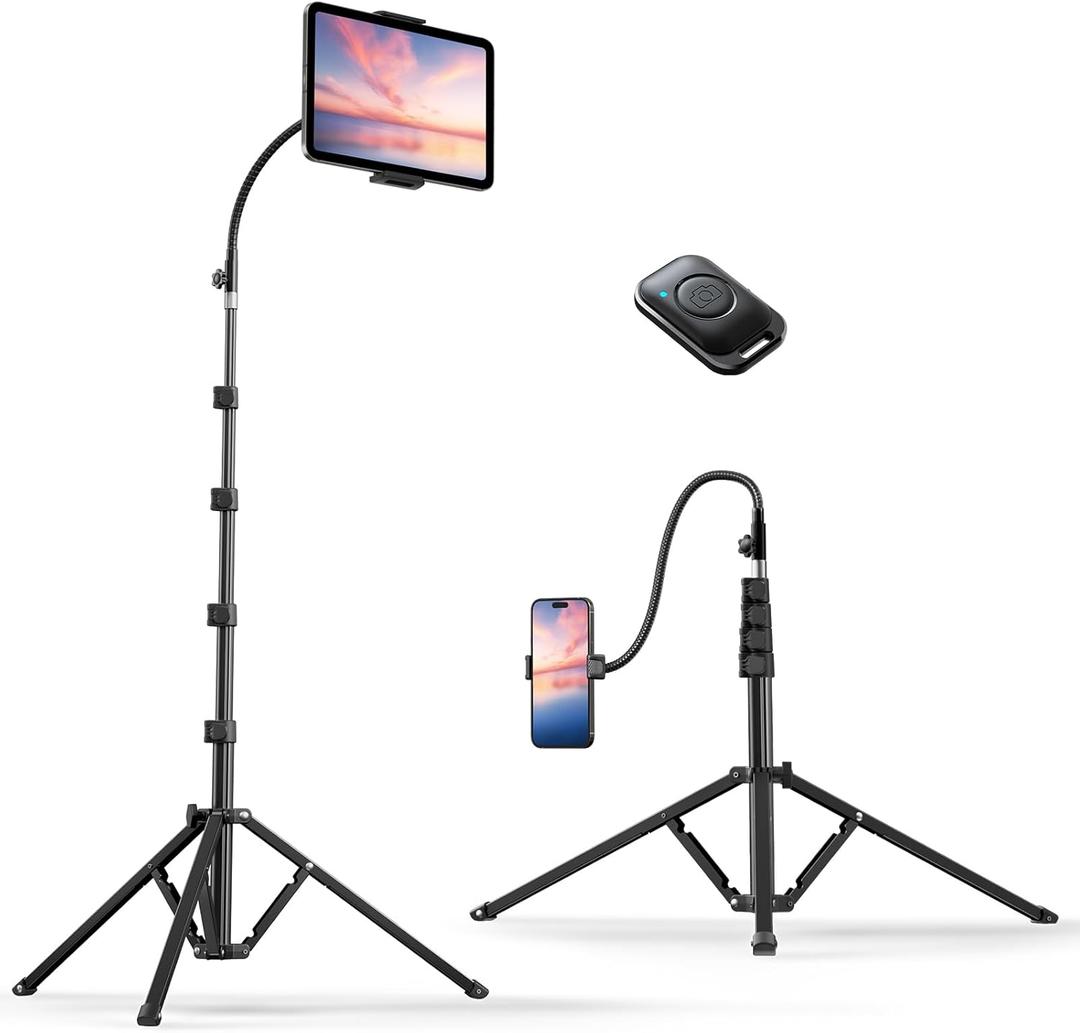 Weilisi Heavy Duty Tablet Tripod Stand 82 Tall, Floor Stand with Remote and Adjustable Gooseneck for Watching/Stream/Recording, Tripod for iPad Pro 12.9/Kindle/iPhone, and All 4.5-13 Tablet/Phone
