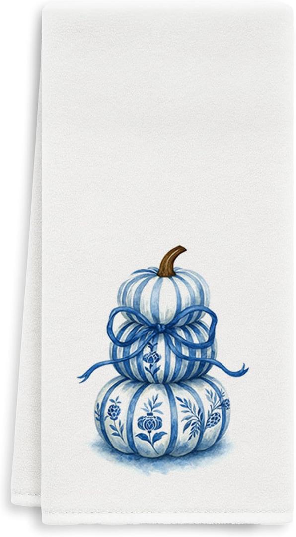Fall Chinoiserie Pumpkin Kitchen Towel - Blue and White Pumpkins Pumpkin Decorative Hand Towels for Bathroom Decor, Chinoiserie Bow Fall Farmhouse Dish Tea Towels for Kitchen Decor, 16x24 Inch