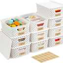 10 Pack Small Plastic Storage Bins with Lids, Stackable Plastic Storage Baskets for Organizing with Handles, Organizer Bins with Labels for Room, Craft, Containers for Pantry Organizers and Storage (Cream White)
