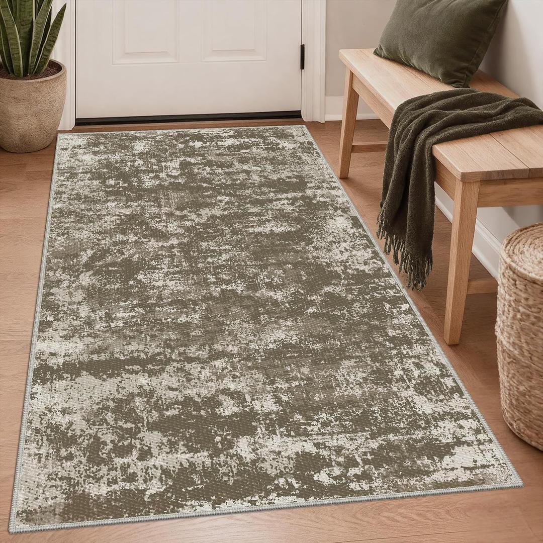 3x5 Area Rug Washable Entryway Rug Non Slip Abstract High-Stain Resistance No Pile Lightweight Throw Rugs Carpet for Kitchen, Entrance, Foyer, Bedside, Mudroom- Deep Brown