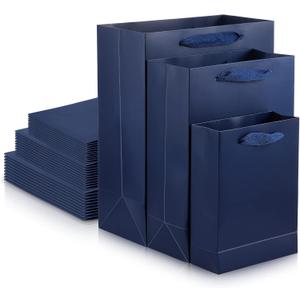 Gueevin 30 Pcs Navy Blue Gift Bags with Handles Kraft Paper Gift Bags Assorted Sizes 5.9x2.3x7.8, 7.8x3.9x11, 9.8x5.1x12.5 10 Pcs Each, Matte Wrapping for Birthday Bulk Wedding Shopping
