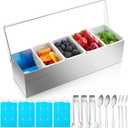 Mifoci 1 Pack Stainless Steel Chilled Condiment Server 5 Removable Slot Toppings Containers with Lid and Bottom Ice Bar Garnish Tray with 9 Silverwares 4 Ice Boxes for Christmas Party, Events and Bar, as shown in the picture