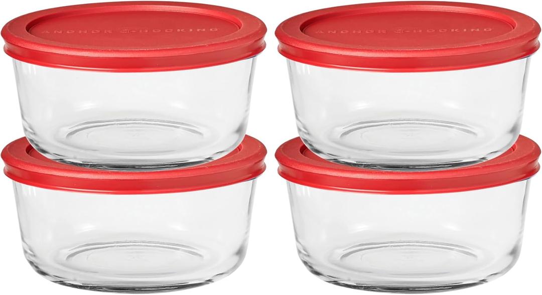 Anchor Hocking SnugFitTM Round Food Storage Containers with Lids (4-Piece, 4-cup, Red, oven-safe)