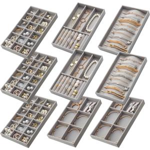 Jewelry Trays Organizer for Drawer, 9 Set of Small Jewelry Display Case Storage Velvet Stackable Drawer Inserts Organizer for Necklaces Bracelets Earrings Rings (Grey)