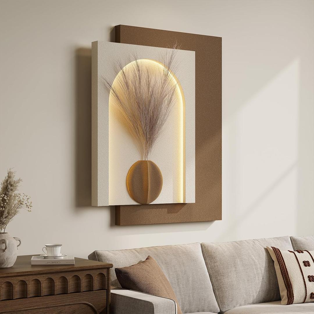 Large 3D LED Wall Art Decor for Living Room, Modern Minimalist Textured Lighted Artwork for Walls, Neutral Beige Brown Paintings Wall Decor for Hallway, Dining Room, Bedroom, Office Aesthetic, 36"L x 30"W