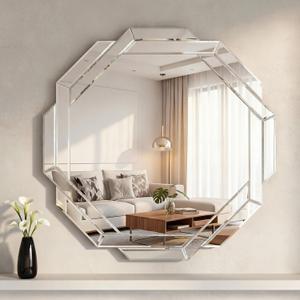 Vercraft Bathroom Mirror Decorative Beveled Edge Frameless Mirror Wall Mirrors Hexagon Silver Polished for Wall Bathroom Vanity Room Bedroom Living Room and Enter Way(Small,Silver,20"×20")