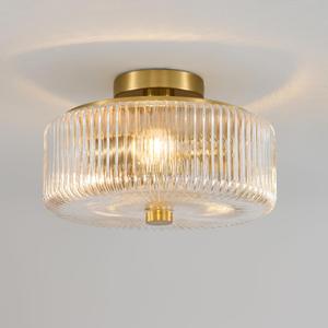 Gold Flush Mount Ceiling Light: 3 Lights 12" Drum Ribbed Glass Chandelier