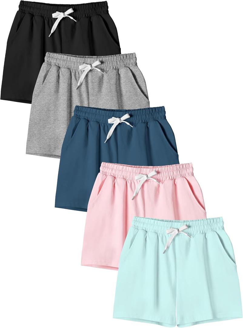 5 Pack Girls Cotton Athletic Shorts with Pockets and Elastic Drawstring Waist Summer Wear for Girls 4-14 Years