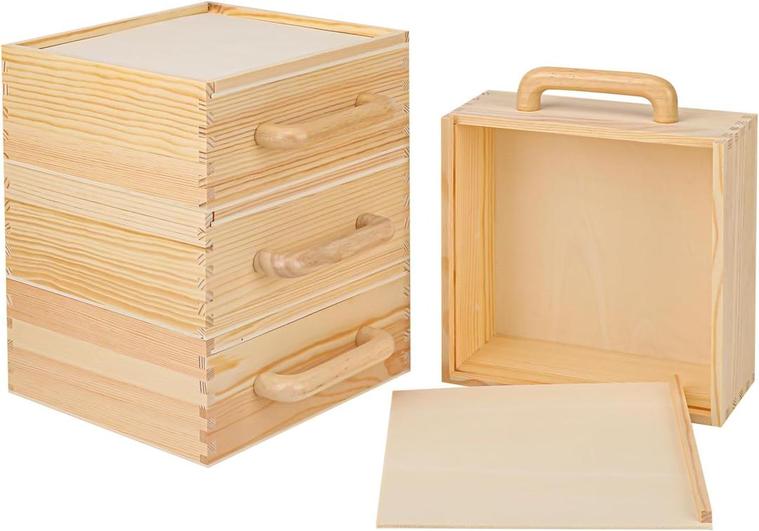 4 PCS Wood Boxes for Crafts, 7.68 x 7.68 x 3.35 Inch Wooden Box with Sliding Lid, Unfinished Wood Box with Handle for Party, DIY, Birthday
