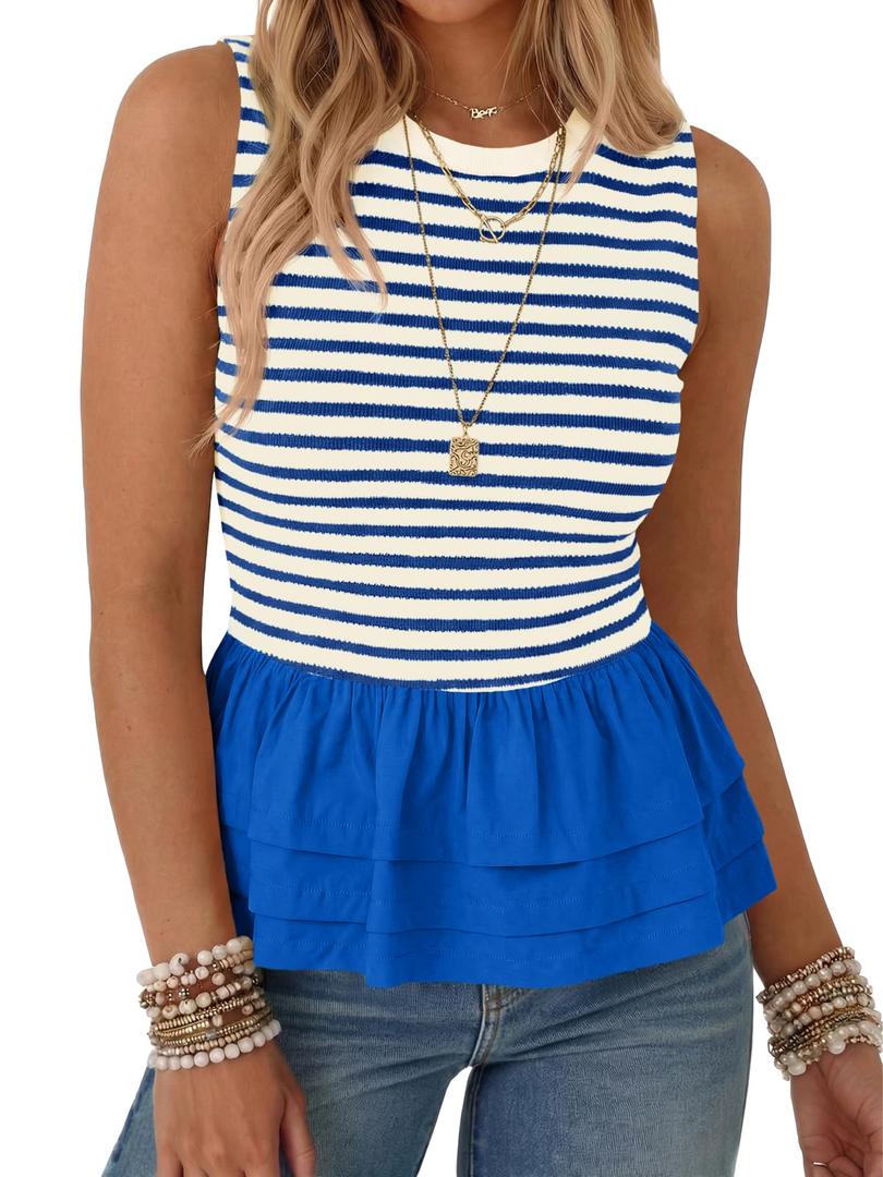 Tankaneo Womens Summer Striped Peplum Tank Tops Blue