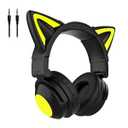 YIK TUNG Cute Cat Ear Bluetooth Headphones with Built-in Mic, Over Ear Wired Headphones with LED Lights, Foldable Wireless Headset with Cat Ear for Traveling, Gift for Kids Boys & Girls (Black)