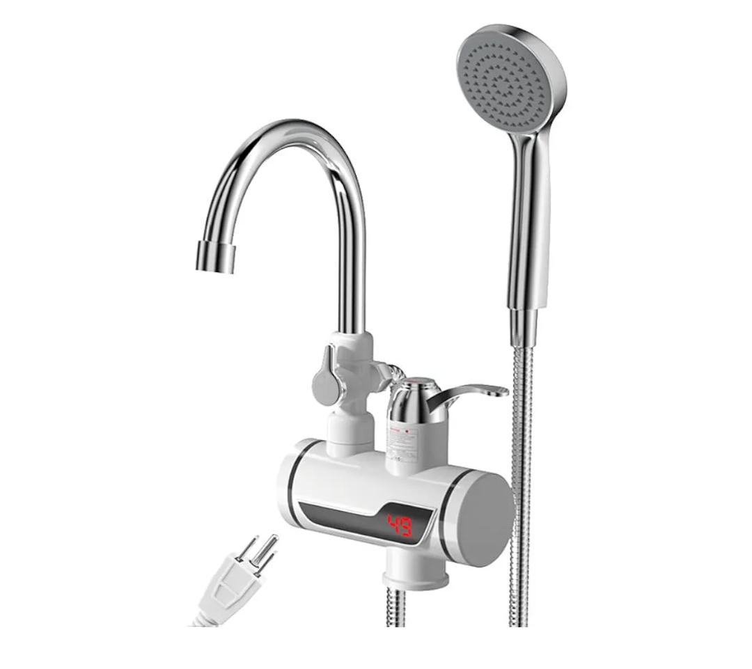 Electric Shower Water Heater Instant Hot Water Faucet 360° Rotating Fast Heating Water Tap Tankless Water Heater with LED Display & Hose, Complete Shower Set, 30℃-60℃ Summer / 30℃-40℃ Winter