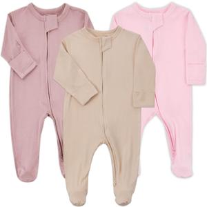 Aablexema Baby Pajamas Bamboo Rayon Zipper, 3pcs Unisex Infant Outfit with Mitten One Piece Footie Sleepwear (Newborn, Beige & Pink & Purple)
