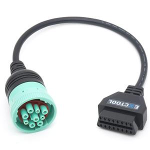 9 Pin J1939 to 16 Pin OBD2 Adapter Cable for Heavy Duty Trucks and Commercial Vehicles with Green Type 2 J1939 Diagnostic Connector