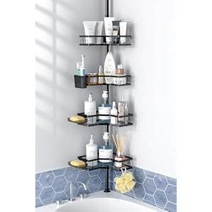 Corner Shower Caddy Tension Pole: 4tier adjustable Rustproof Bathroom Organizer Shelves - Bathtub shampoo rack 43.5-120 inch (Silver)