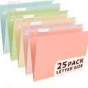 25-Pack Pastel Hanging File Folders, Letter Size (8.5"x11") with 1/ 5-Cut Tabs, 25 Transparent Label Cards, 25 Sticker Labels–Home Office & Filing Cabinets