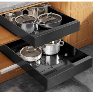 Seinloes 2 Pack Expandable (9"-14") Pull Out Cabinet Organizer 21" Deep With Raising Pad for Framed Cabinets,Upgrade 3 Slide Rails Slide Out Drawers,No Drill Roll Out Shelves Adhesive,Black