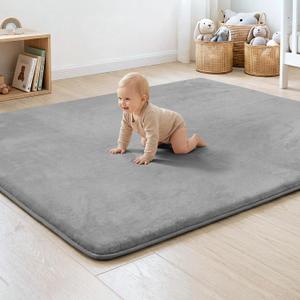 1.3" Thick Baby Floor Play Mat 50x74, Basic Padded Foam Mat for Tummy Time Crawling, Non Slip Cushioned for Babies Toddlers Infants Kids (Light Grey)