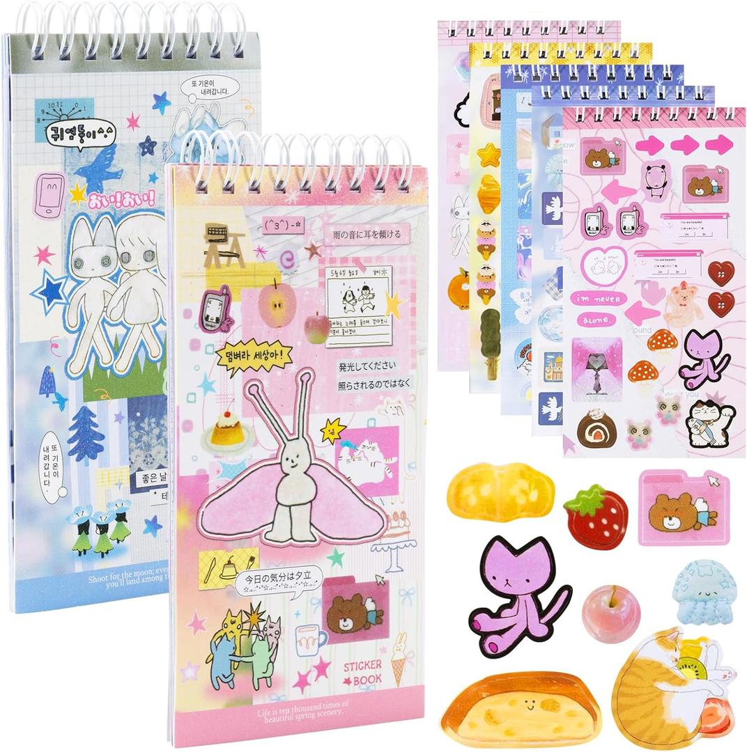 QEF 40 Sheets Kawaii Sticker Book, Japanese Stickers Aesthetic for Scrapbooking, Junk Journal Supplies, Korean Diary Decor, Vision Board, Cute Planner Accessories for Adults (Blue and Pink)