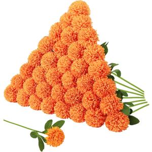 36 Pcs Artificial Flowers Chrysanthemum Ball Flower Orange Fake Silk with Stems Ball Bouquet Fake Mums Floral for Mexican Day Home Decor Table Centerpiece Parties