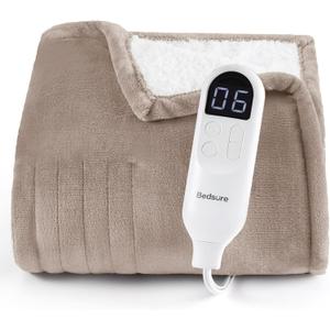 Bedsure Heated Blanket Throw Blanket - Fast Heating Electric Blanket, Soft Flannel Throw with 6 Time Settings(Up to 10H), 6 Heating Settings, Gifts for Grandma Grandpa Seniors (50"x60", Taupe) (Tapue)