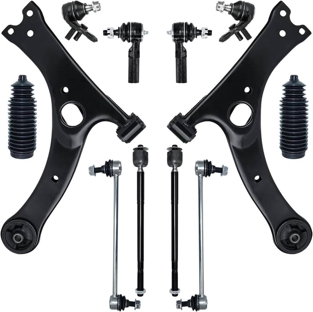 12 PCS Front Lower Suspension Kit Control Arm Ball Joint Sway Bar Stabilizer Link Outer & Inner Tie Rod Rack and Pinion Bellows Replacement For 2009-2013 Toyota Corolla Matrix (USA Built)