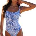 BERLOOK Women's Retro Floral Drawstring Ruched One-Piece Swimsuit Monokini (X-Large, Blue)