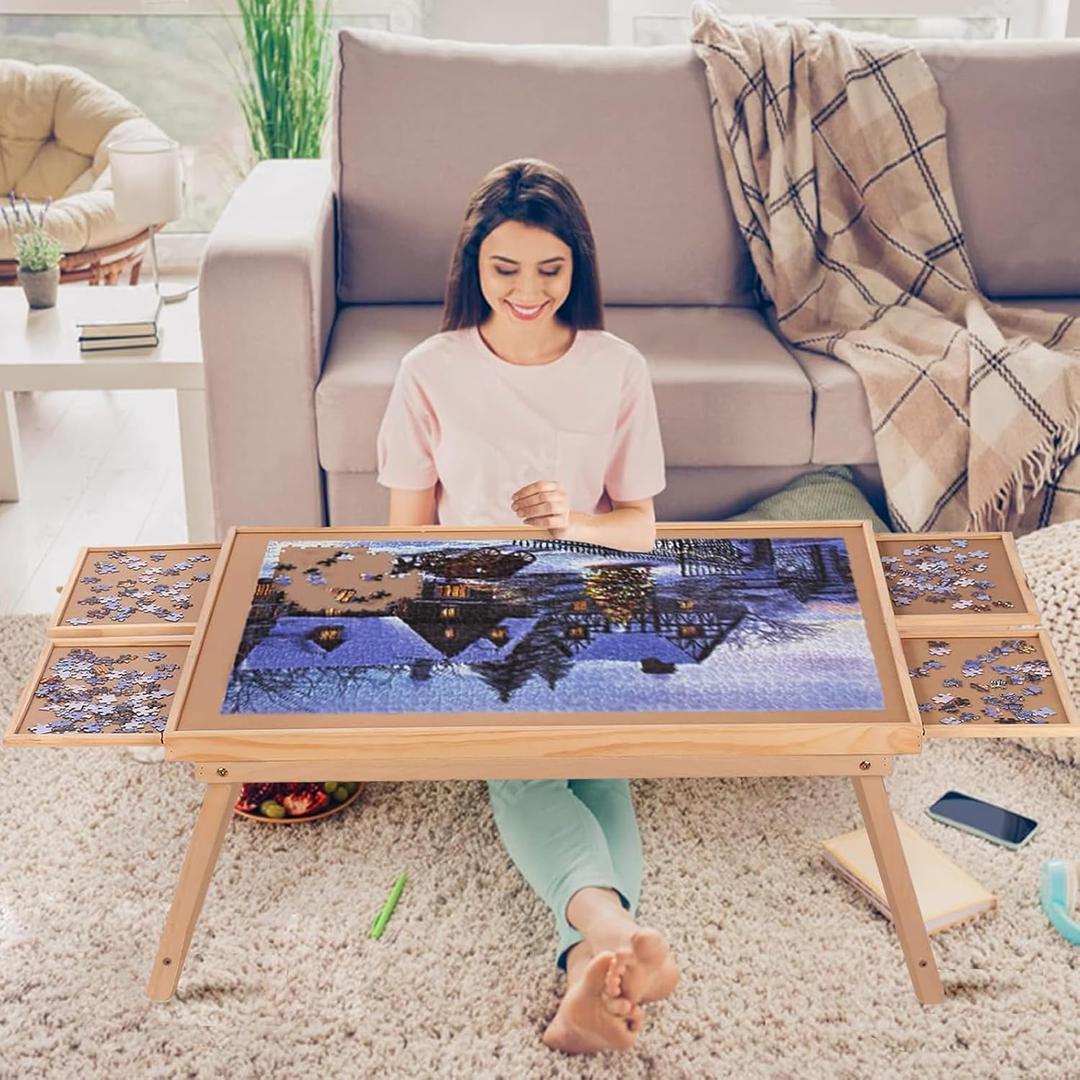 Yacona Puzzle Board 1500 Pieces,34.3x 26 Jigsaw Puzzle Table with Folding Legs,4 Drawers and Cover,Portable Board Game Table for Adults and Teens with No Installation Required (Wooden Color)