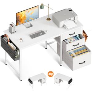 Casaottima 40-Inch Small Computer Desk with Fabric Drawers & File Cabinet, Home Office Desk with Cloth Storage Bag and Hook, Writing Study Work Table for Small Space, Vanity Desk for Bedroom, White