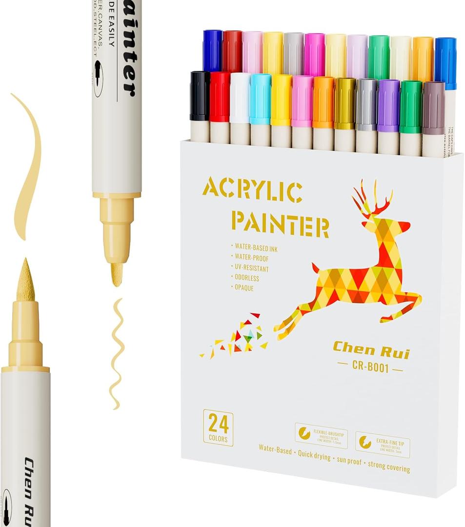 2 x 24 Colors Acrylic Paint Pens With Gold and Siliver Mettallic Color, Dual Tip Brush and Fine, Acrylic Markers for Rock Painting, Wood, Canvas, Fabric, Paper, DIY Crafts Making Art Supply