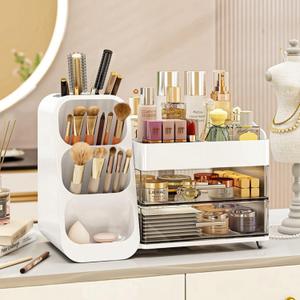 Makeup Organizer with Drawers,vLarge Capacity Countertop Organizer for Vanity,Bathroom and Bedroom Desk Cosmetics Organizer, Easy To Storage Skincare, Brushes, Eyeshadow, Lotions, Lipstick (White)