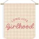 XYDEG Toddler Girls Room Nursery Wall Decor, Long Live Girlhood Linen Canvas Banner, Pink Checkered Girly Wall Hanging Pennant Flag Banner for Girls KidsBedroom Wall Art, 15x11in