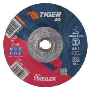 Weiler 57122 Tiger 5" Grinding Wheel, Type 27, 1/4" Thick, A24R, 5/8"-11 UNC Nut (Pack of 10) (Performance Steel / Metal)