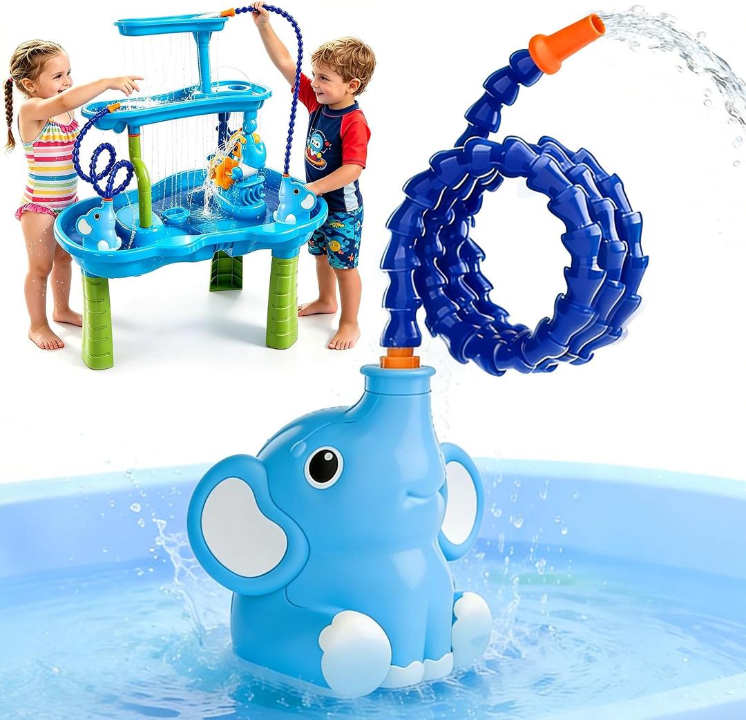 Water Table Pump 2026 Upgraded Elephant Water Pump for Water Table with 360 Flexible Spray Trunk, Drill-Free, Battery Operated, Fits Multi-Tier Tables, Pool Sand Bath Outdoor Toys
