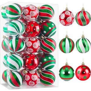 30Pcs Christmas Ornaments Balls Set, 2.4 Inch Shatterproof Tree Decorations, Red Green White Glitter Baubles with Hanging Strings, Christmas Balls Ornaments for Holiday Party, Home Dcor (Multi Color)