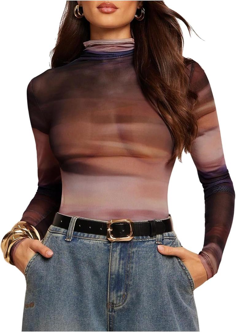 SweatyRocks Women's Tie Dye Sheer Mesh Bodysuit Turtle Neck Long Sleeve Going Out Leotard Tops, Medium