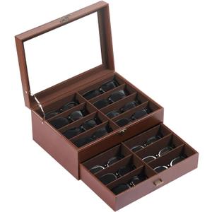 AUTOARK Leather & Velvet Clear Lid 16 Piece Eyeglasses Storage and Sunglass Glasses Display Drawer Lockable Case Organizer,Coffee,AW-173