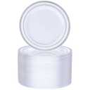 BESTVIP 100PCS 7 Inch Silver Plastic Dessert Plates, Disposable Plate with Silver Rim for Salad/Samll Cakes, Heavy Duty Plates for Party, Wedding and Birthday, Events