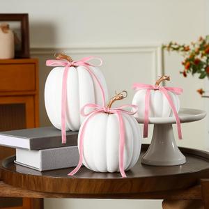 Wesiti 3 Pack Large Artificial Flocked Pumpkins, 7.9 Inch 6.7inch 3.9 Inch Fall Fake Foam Pumpkins for Autumn Home Decor Halloween Thanksgiving Table Centerpiece Decor(White)